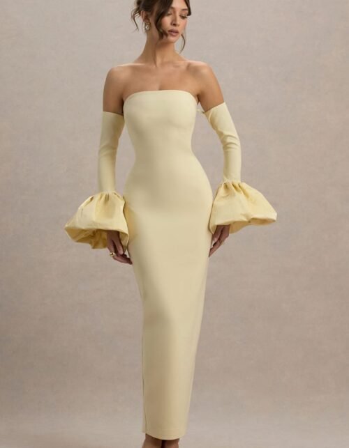 Bandeau Long-Sleeve Maxi Dress With Puff Cuffs