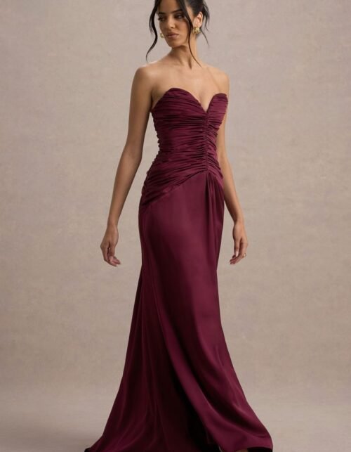 Plum Satin Sweetheart Gathered Dress